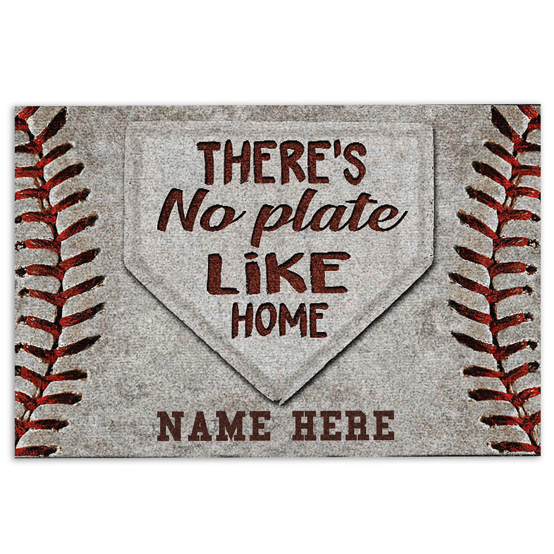 Baseball doormat with red stitching border, home plate artwork and a welcoming entryway message