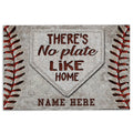 Baseball doormat with red stitching border, home plate artwork and a welcoming entryway message