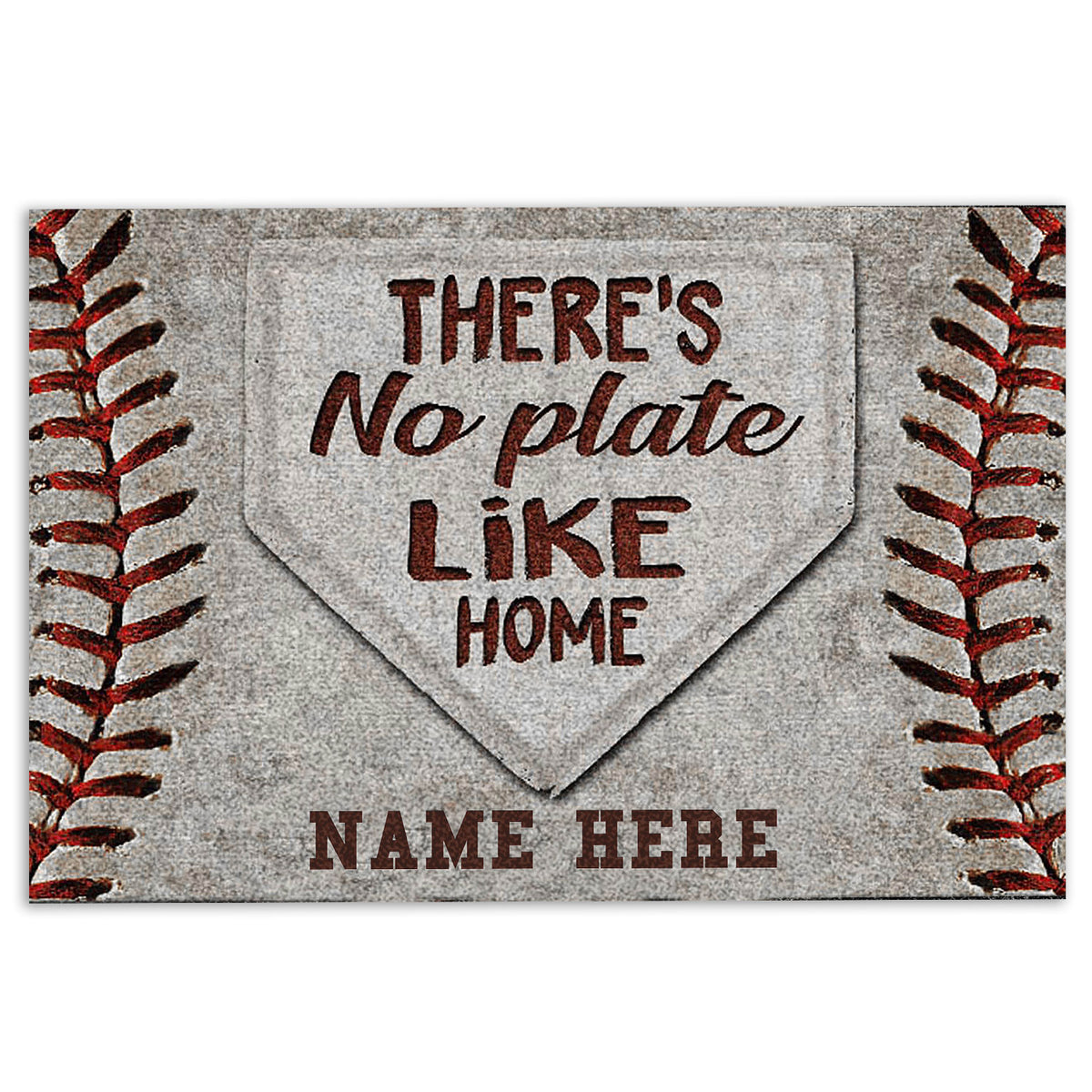 Baseball doormat with red stitching border, home plate artwork and a welcoming entryway message