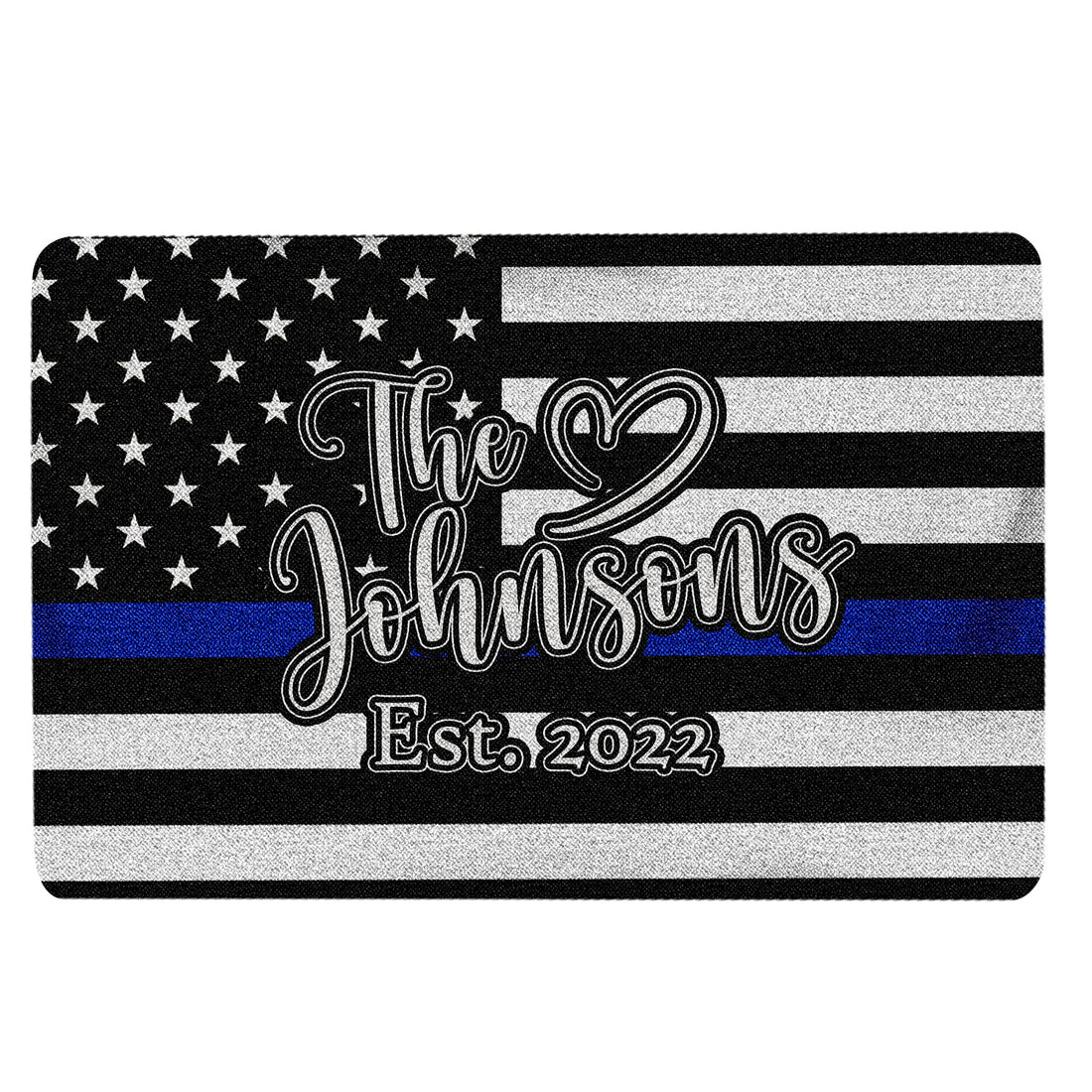 Police-support doormat with black and white flag stripes, blue stripe, stars and heart motif