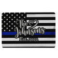 Police-support doormat with black and white flag stripes, blue stripe, stars and heart motif