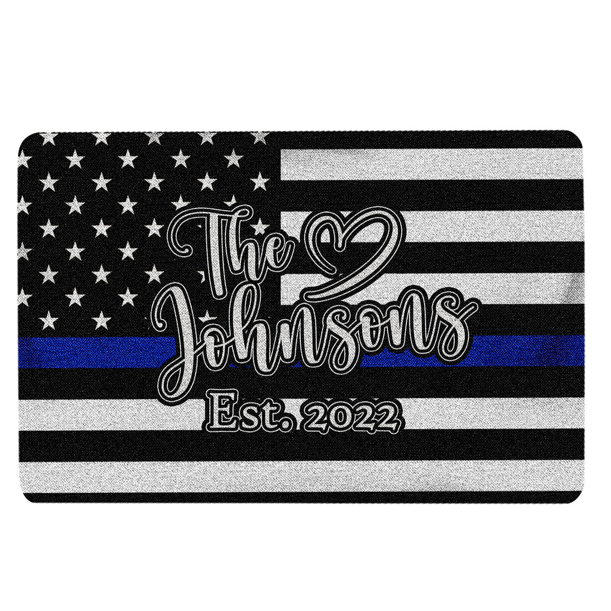 Police-support doormat with black and white flag stripes, blue stripe, stars and heart motif