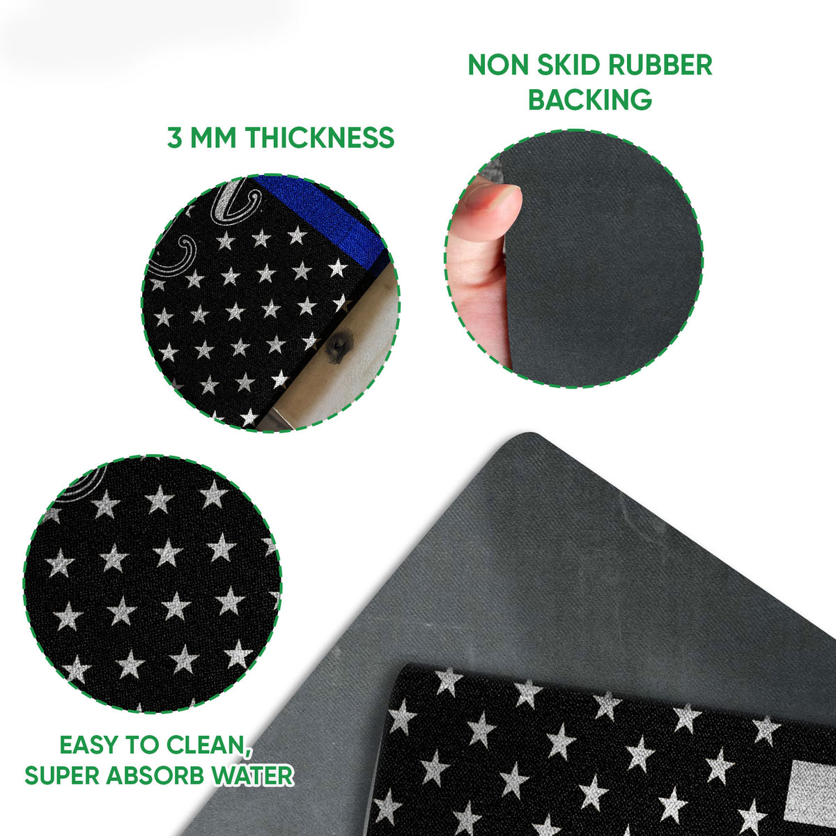 Close detail of police-support doormat surface, edge thickness and black rubber backing