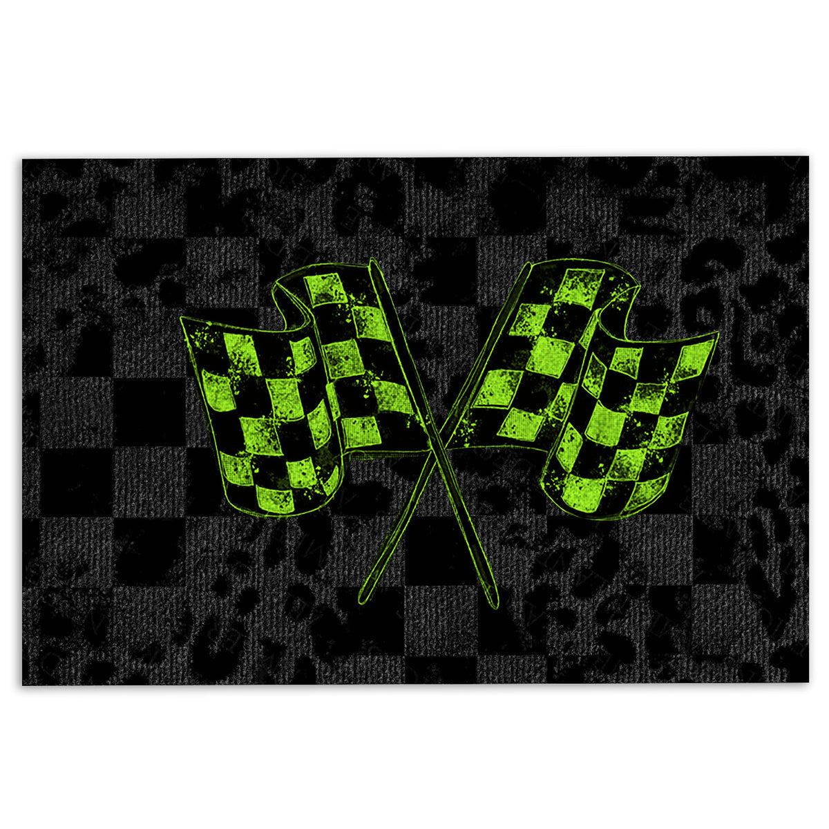 Black and gray checkered racing doormat with crossed neon green racing flags