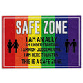 Rainbow LGBT doormat with safe zone message, inclusive figures, and bold multicolor entryway artwork