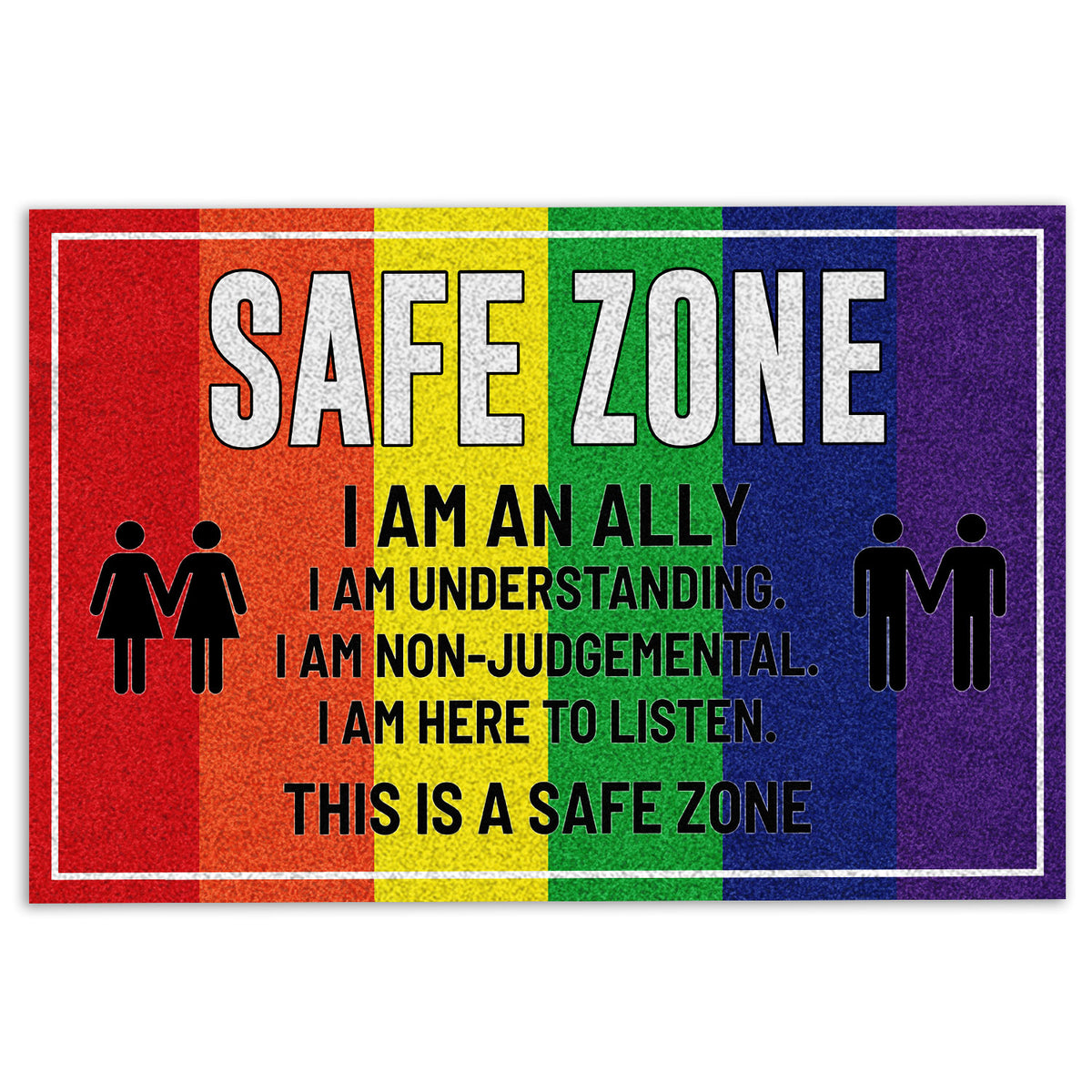 Rainbow LGBT doormat with safe zone message, inclusive figures, and bold multicolor entryway artwork