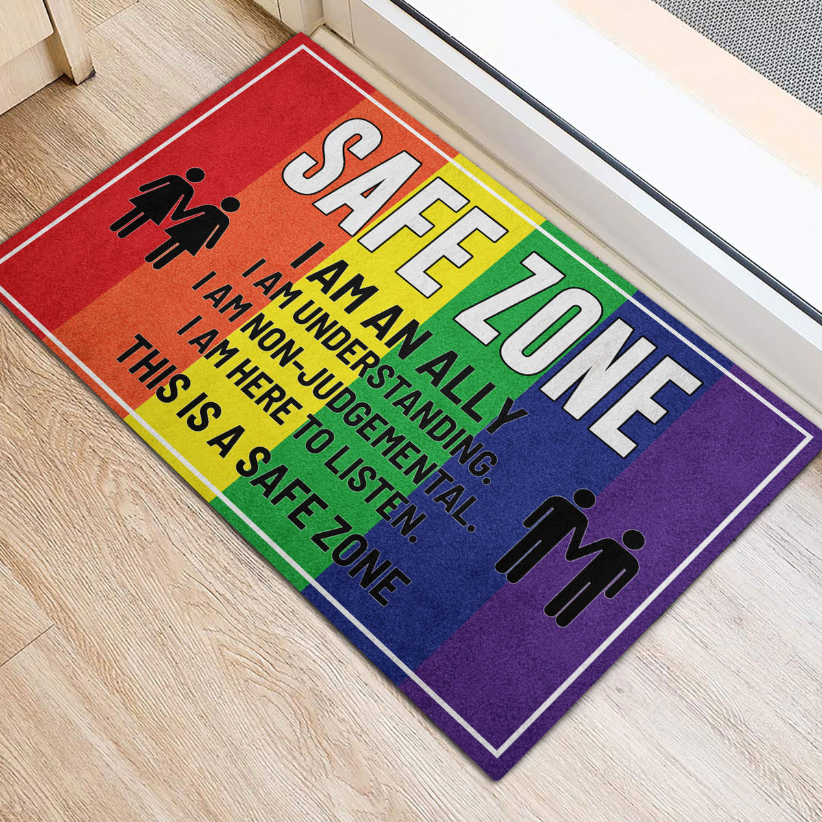 Inclusive LGBT entryway rug with rainbow stripes, safe zone message, and diverse relationship symbols