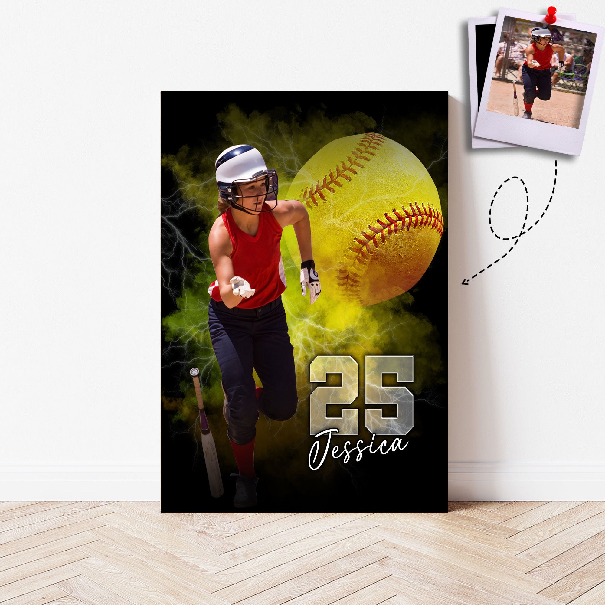 Personalized Photo Softball Poster/Canvas, Custom Photo Wall Art Print, Sport Framed Canvas, Softball Gift for Mom, Girlfriend, Daughter