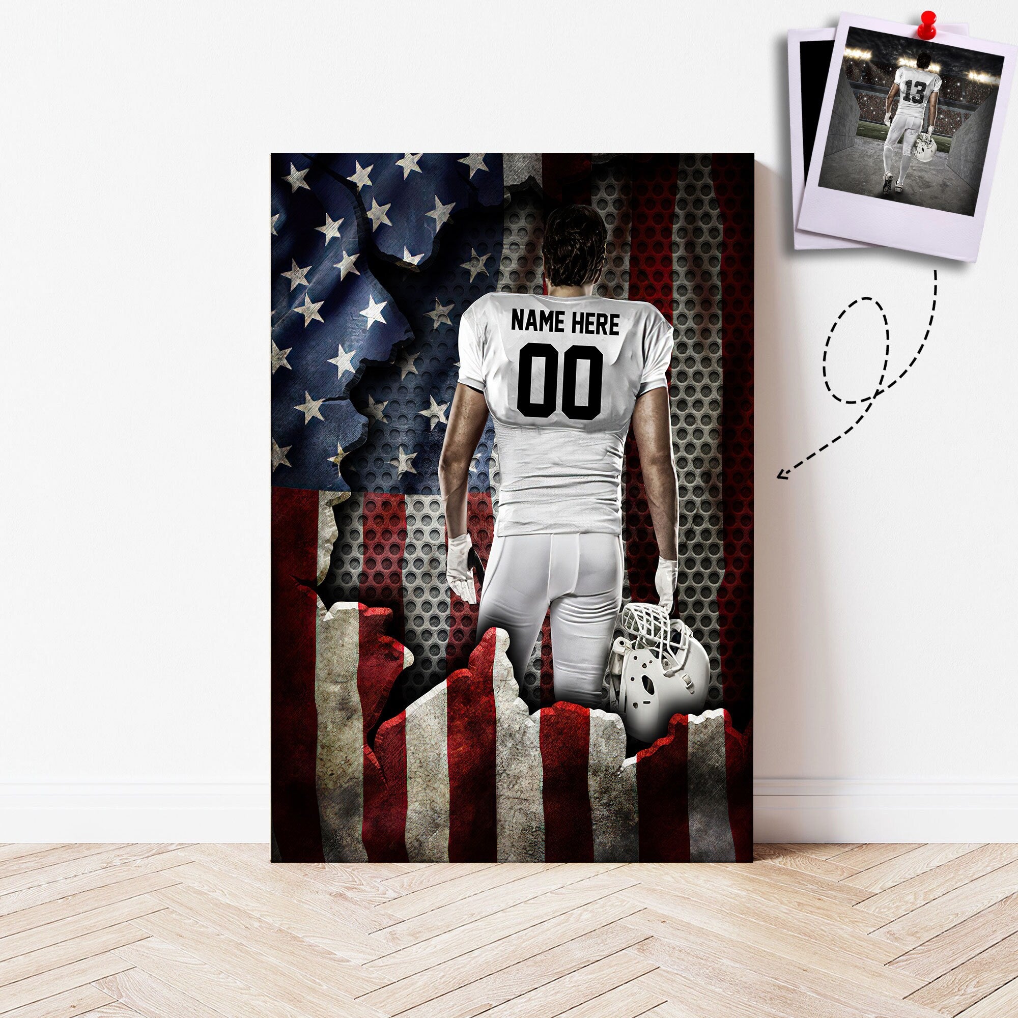 Personalized Photo Football Poster/Canvas, Custom Photo American Flag Wall Art Print, Framed Canvas, Football Gift for Dad, Boyfriend, Son
