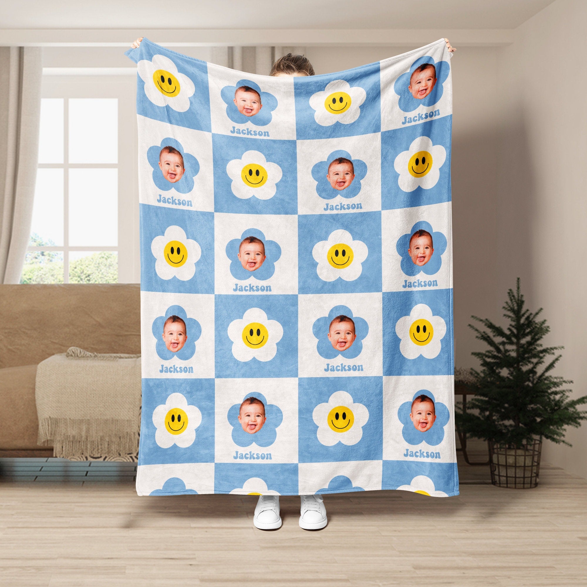 Personalized Photo Face Blanket, Custom Baby Face Blanket, Custom Photo Soft Cozy Sherpa Fleece Throw Blankets, Gift for Dad, Mom, Family