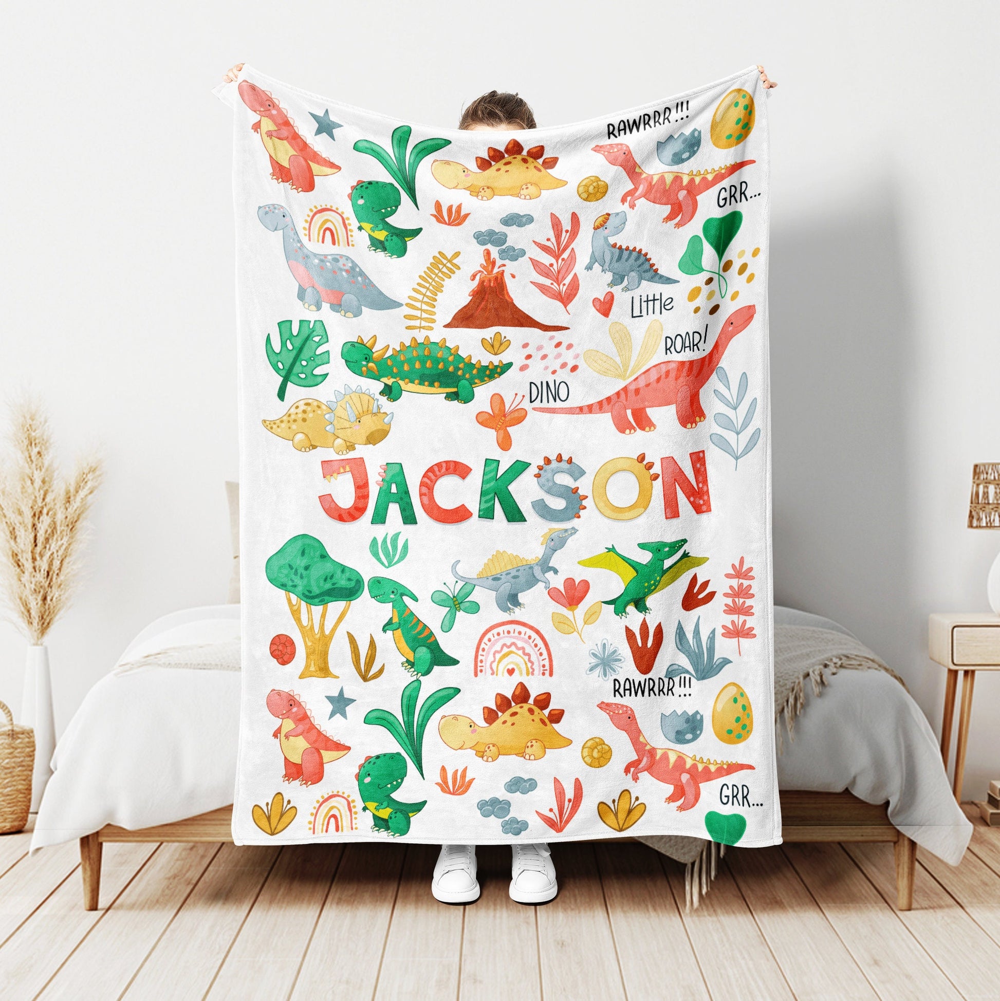 Personalized Dinosaur Blanket, Custom Name Soft Cozy Sherpa Fleece Thr