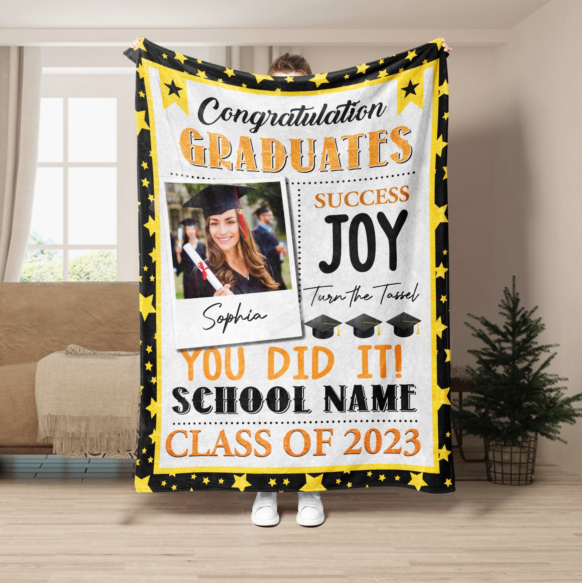 Personalized Graduation Blanket, College Grads Blanket, Custom Photo Soft Cozy Sherpa Fleece Throw Blankets, Gift for Daughter, Son