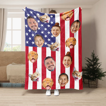 Personalized 4th of July Family Blanket, US Flag Blanket, Custom Face Soft Cozy Sherpa Fleece Throw Blankets, Independence Day Gift