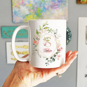 Personalized Flower Mug, Floral Mugs, Pink Flower Coffee Mug, Custom Monogram Initial Name Coffee Cup, Gift for Grandma, Mom, Sister, Friend