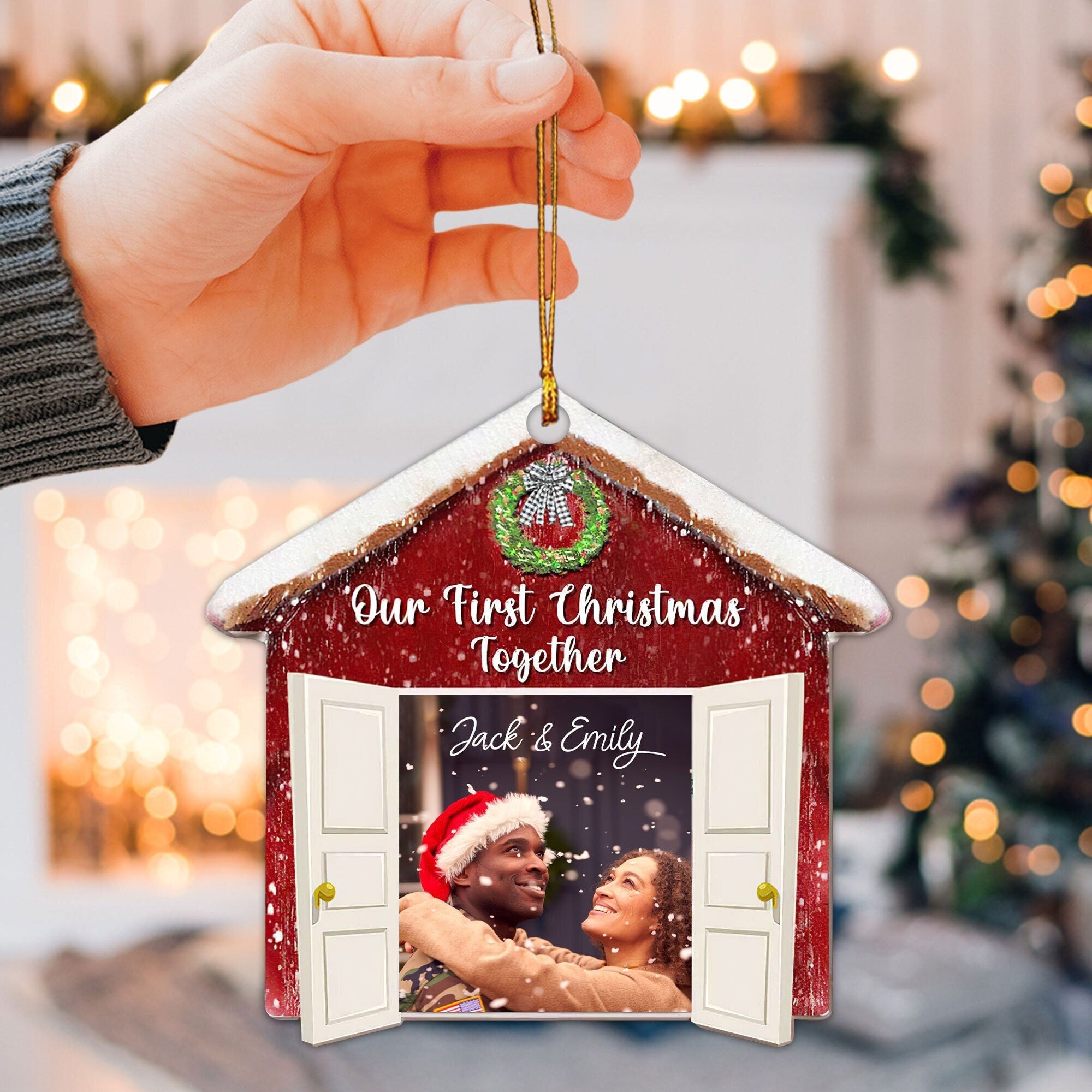 Personalized Photo Engagement 2D Flat Ornament, Custom Engaged Couple Christmas Tree Ornament, Our First Christmas, Holiday Gift for Couple