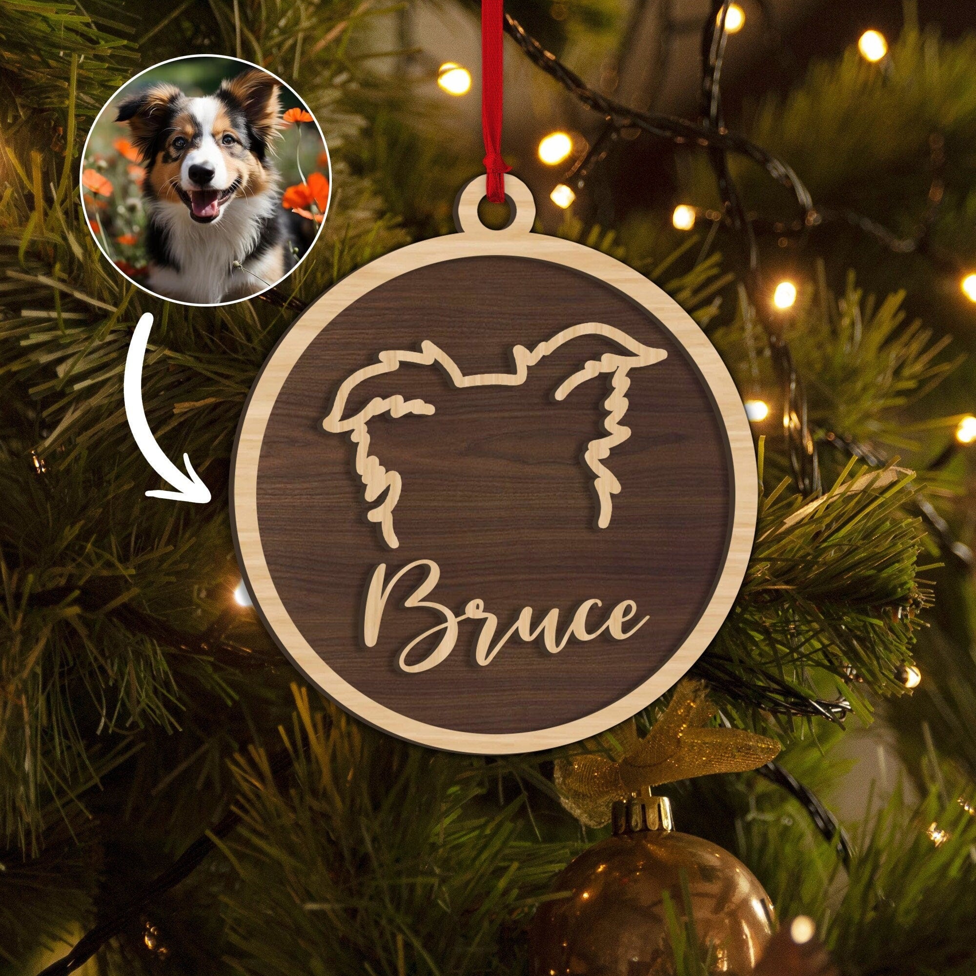 Personalized Pet Layered Wood Ornament, Custom Photo Dog Ear Drawing Christmas Tree Ornament, Dog Christmas Home Decor, Gift for Pet Lover