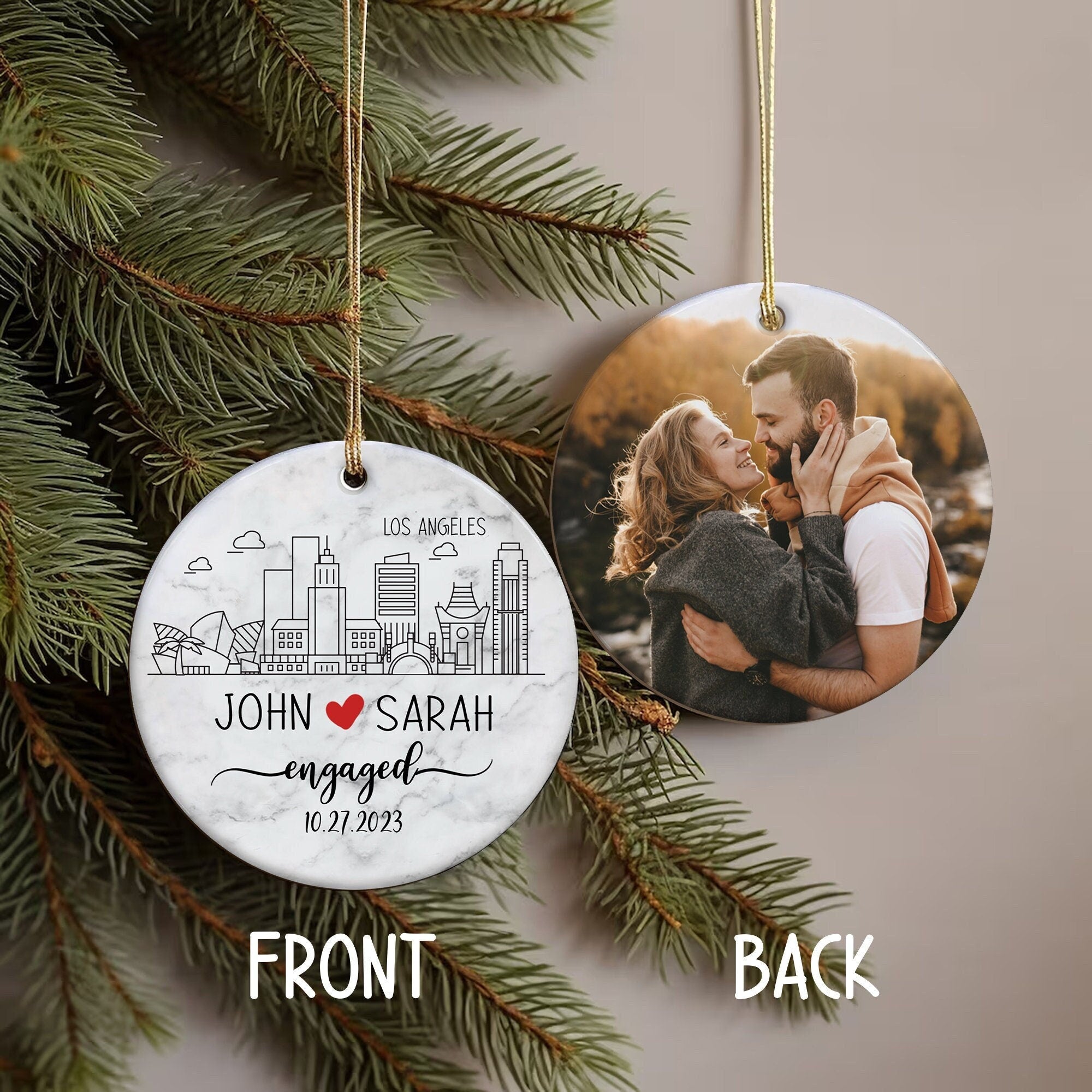 Personalized Photo Skyline Engagement 2D Flat Ornament, Custom Engaged Couple Christmas Tree Ornament, Our First Christmas, Gift for Couple