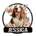 Floral Basset Hound metal sign featuring a detailed dog portrait framed by soft pink flowers