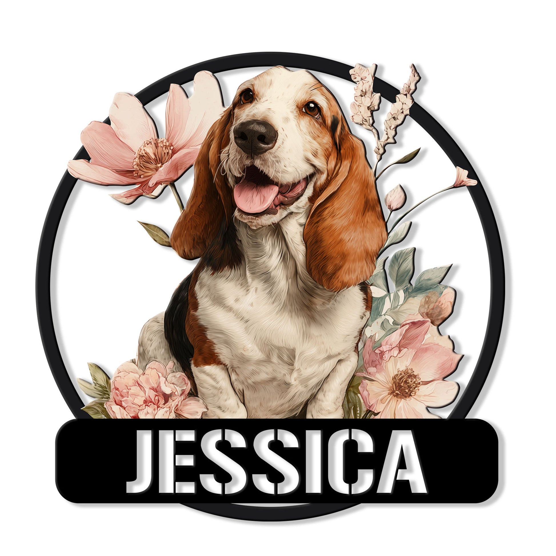 Floral Basset Hound metal sign featuring a detailed dog portrait framed by soft pink flowers