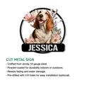 Basset Hound floral metal sign shown with cut-metal product features and indoor or outdoor use