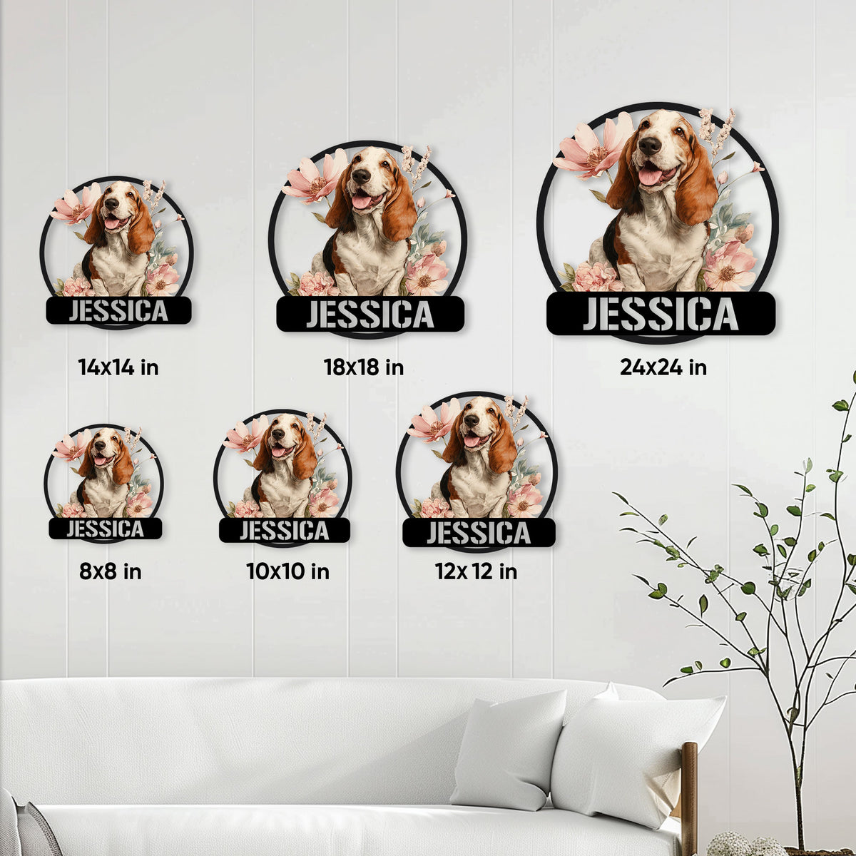 Basset Hound floral metal sign size guide showing six available square size options