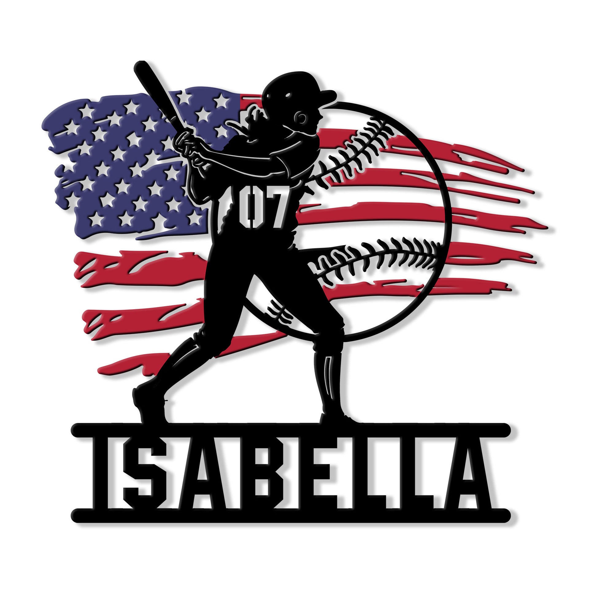 Softball metal sign featuring a batter silhouette, oversized softball, American flag design, and bold lower lettering