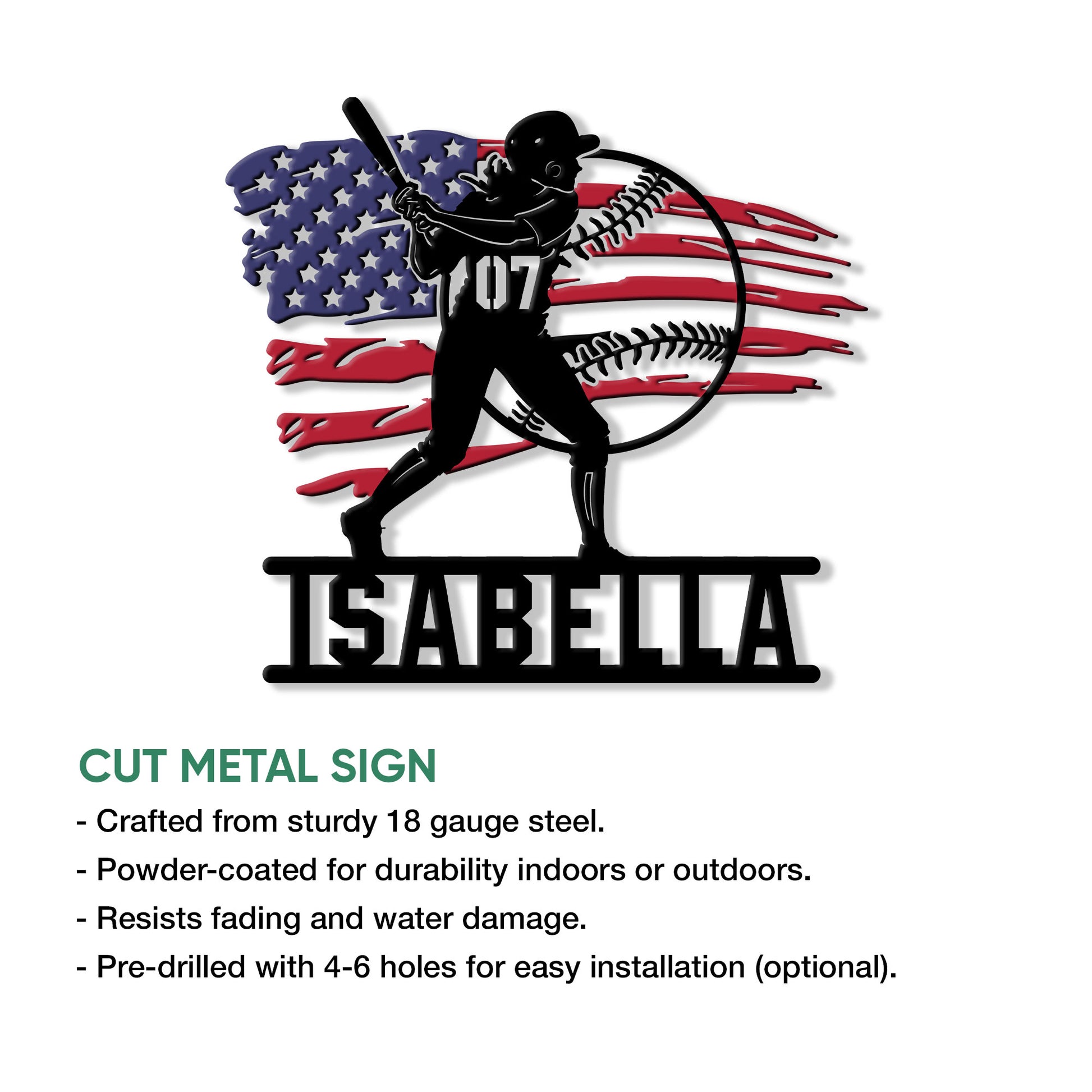 Cut metal softball sign shown with a batter silhouette, flag-inspired artwork, and indoor or outdoor display details