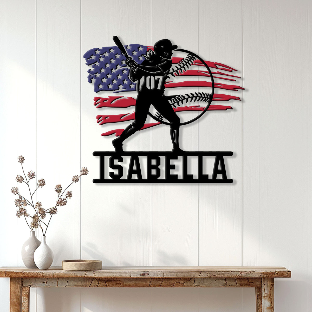 Softball wall decor displayed above a console table, featuring a batter silhouette and patriotic flag artwork