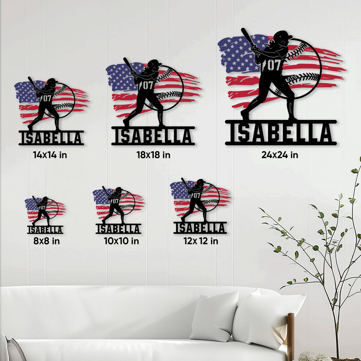 Softball metal sign size guide showing six available square sizes from 8 by 8 to 24 by 24 inches