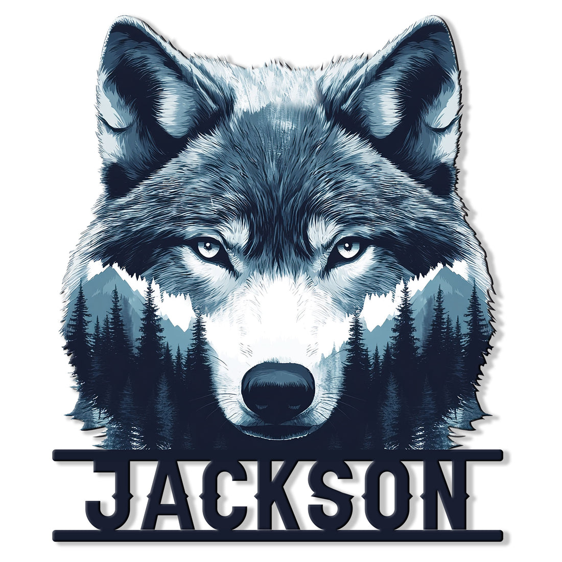 Close-up wolf portrait metal sign with icy blue eyes, mountain scenery, and evergreen forest artwork