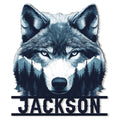 Close-up wolf portrait metal sign with icy blue eyes, mountain scenery, and evergreen forest artwork