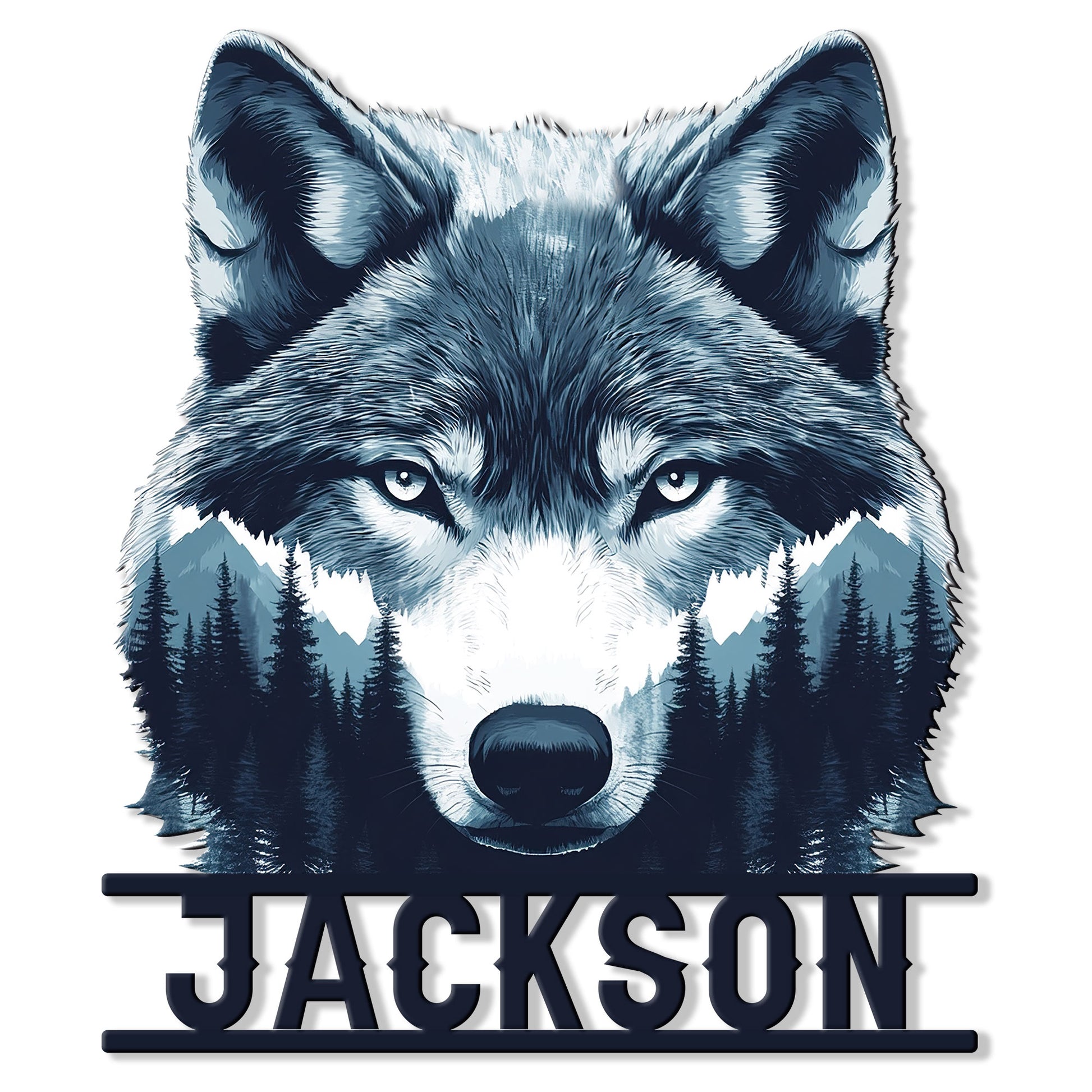 Close-up wolf portrait metal sign with icy blue eyes, mountain scenery, and evergreen forest artwork