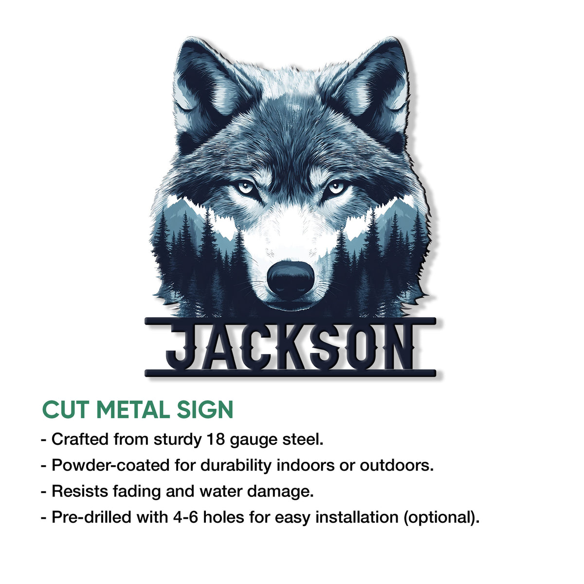 Wolf metal sign feature graphic presenting the cut-metal artwork and product details
