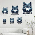 Wolf metal sign size comparison showing six square size options in a bright living room