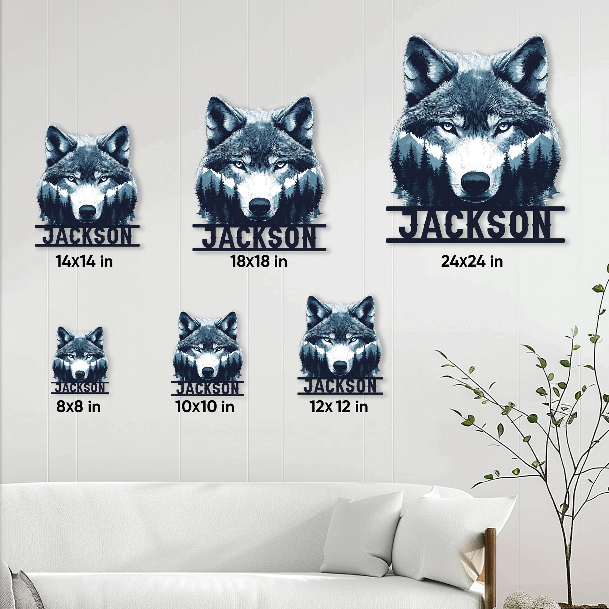 Wolf metal sign size comparison showing six square size options in a bright living room