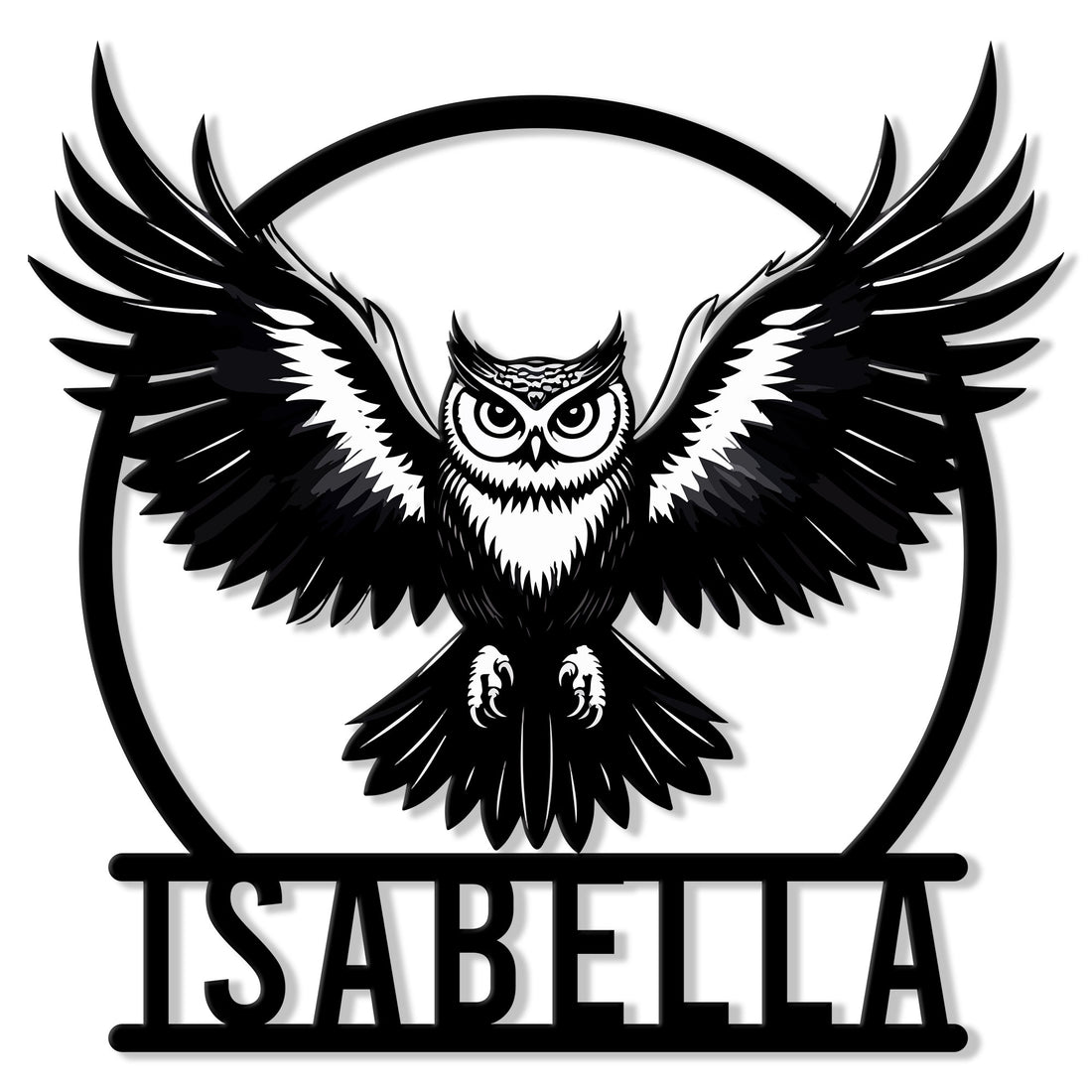 Custom owl metal sign featuring a bold black-and-white owl with wide outstretched wings