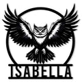 Custom owl metal sign featuring a bold black-and-white owl with wide outstretched wings