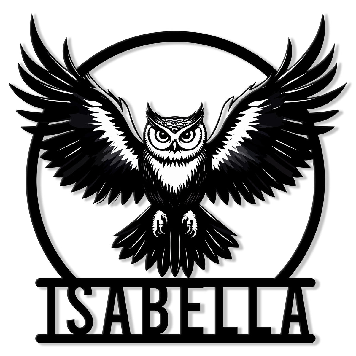 Custom owl metal sign featuring a bold black-and-white owl with wide outstretched wings