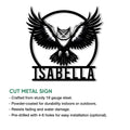 Owl cut metal sign feature graphic showing the detailed winged bird design and product presentation