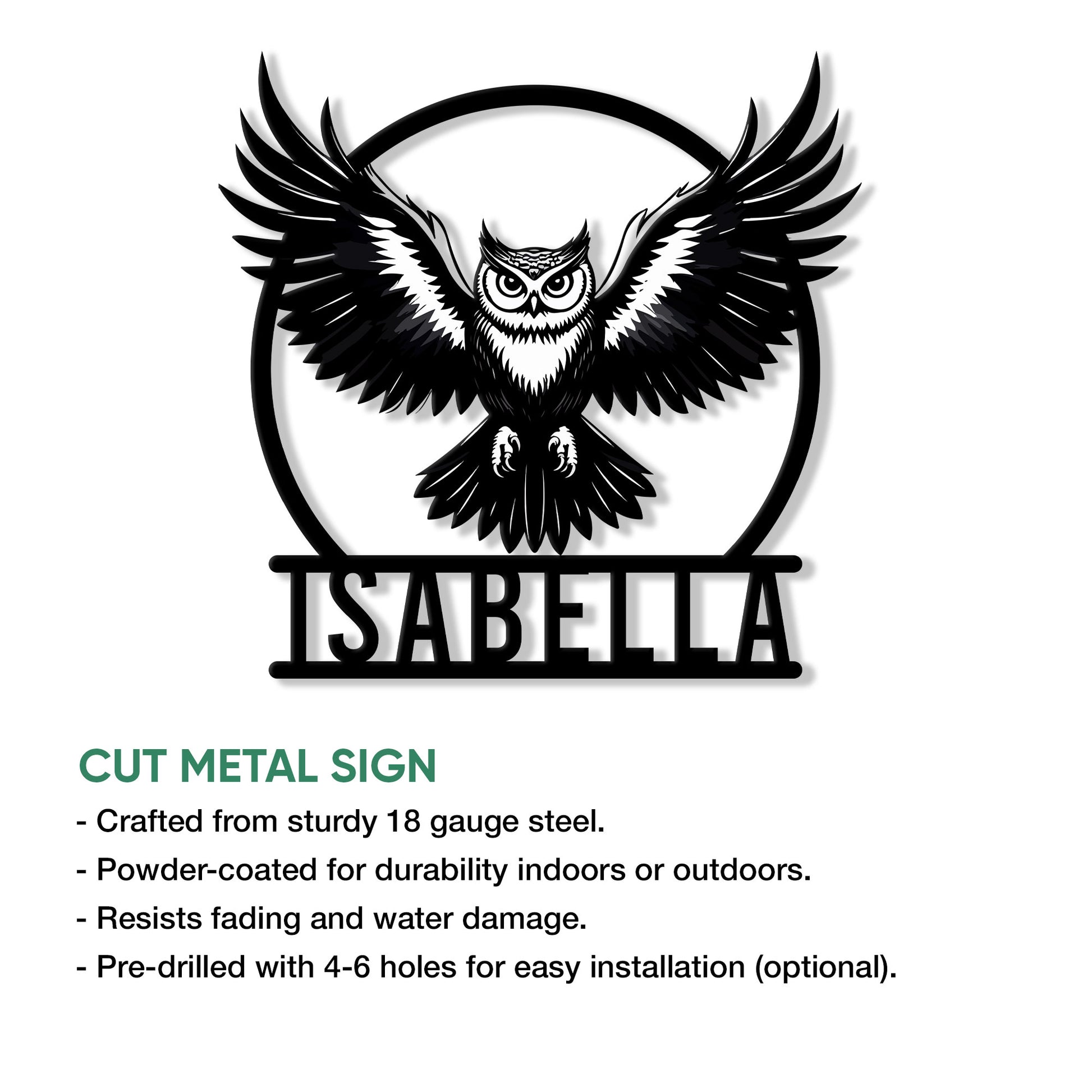 Owl cut metal sign feature graphic showing the detailed winged bird design and product presentation