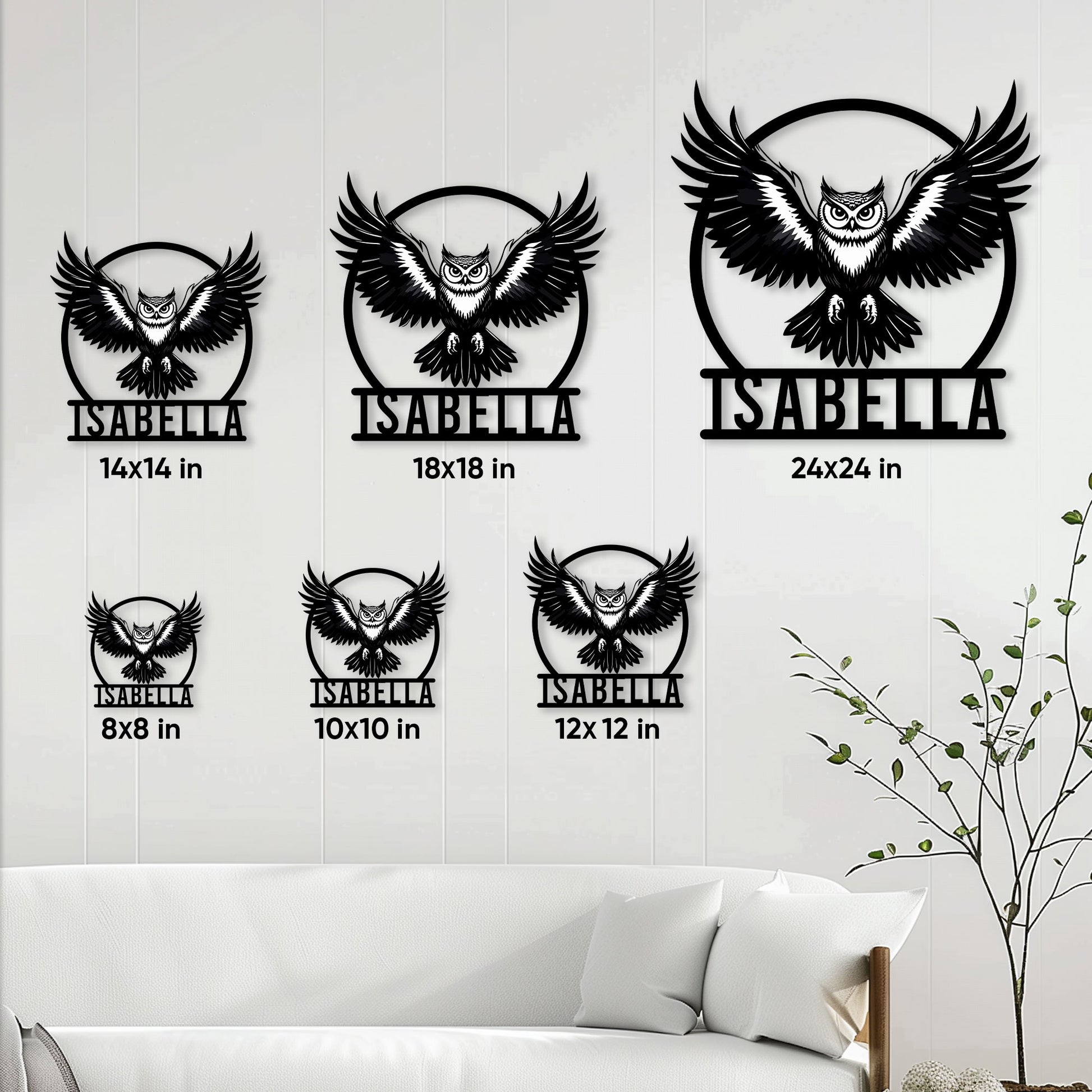 Owl metal sign size guide showing available square dimensions from 8 by 8 to 24 by 24 inches