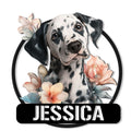 Floral Dalmatian portrait metal sign with a black circular frame and bold lower banner
