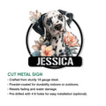 Dalmatian metal sign shown with a floral portrait design and cut metal sign feature details