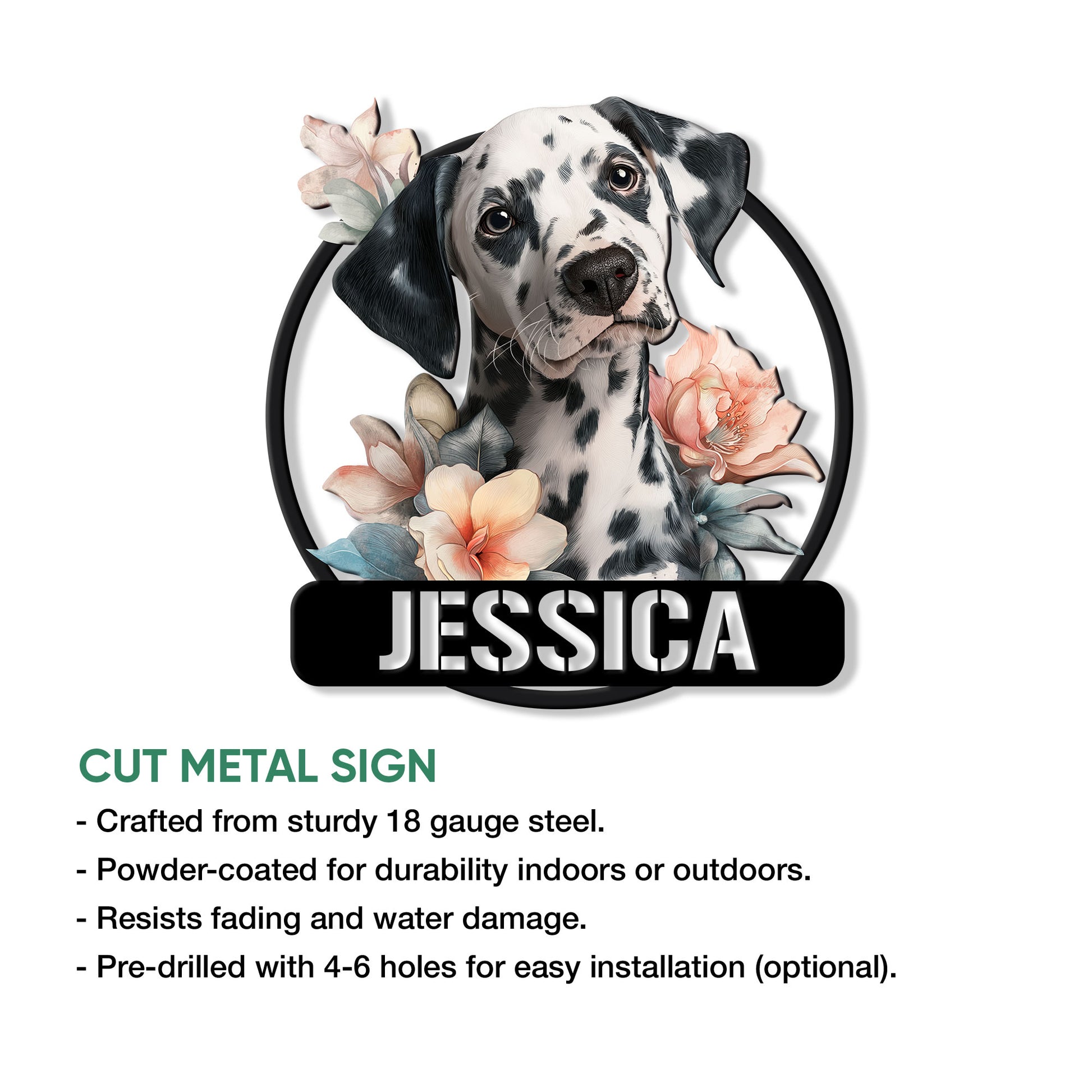 Dalmatian metal sign shown with a floral portrait design and cut metal sign feature details
