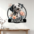 Floral Dalmatian wall sign displayed on a light paneled wall above a wooden console