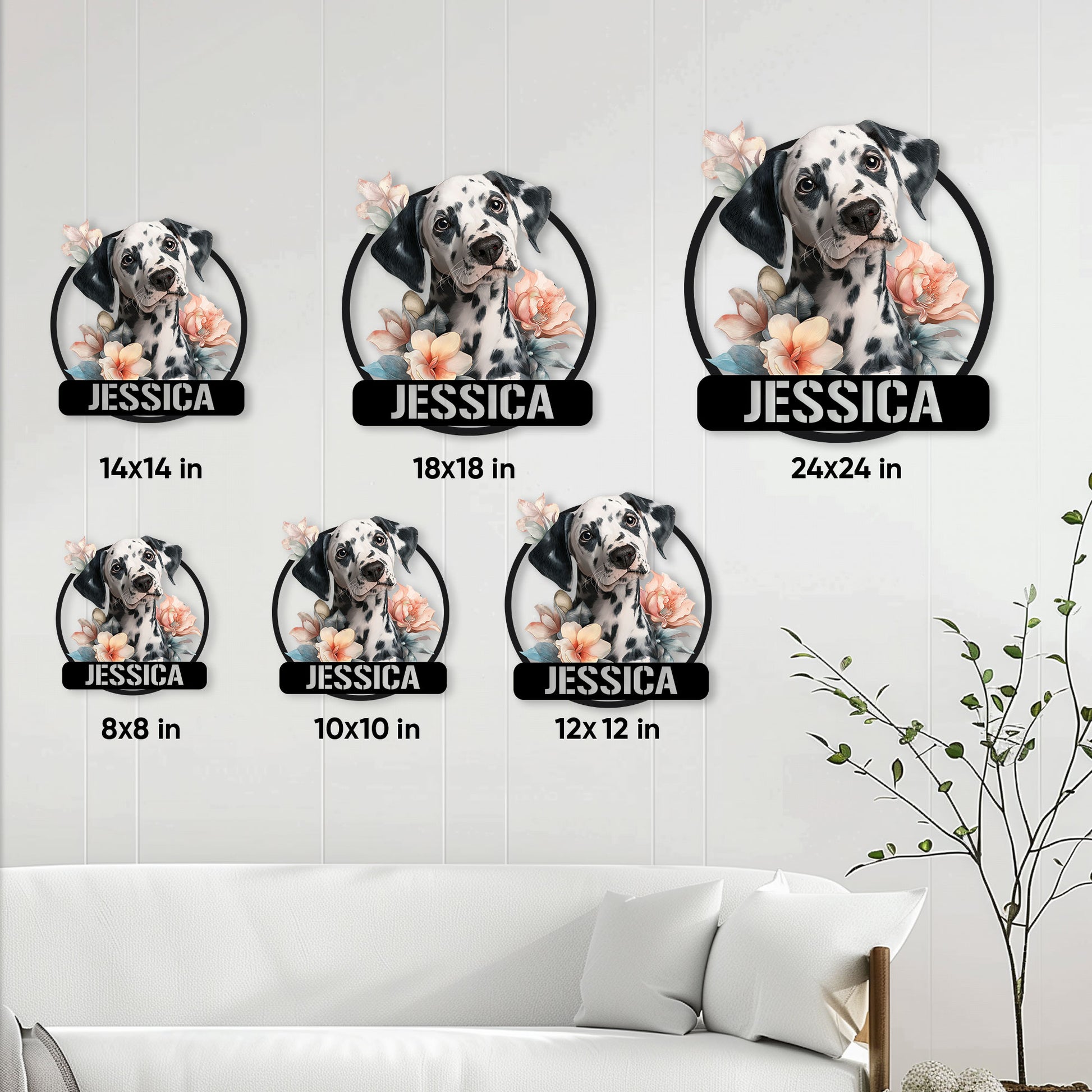 Dalmatian metal sign size guide showing 8, 10, 12, 14, 18, and 24 inch options
