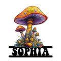 Colorful psychedelic mushroom metal sign with whimsical fungi, flowers, and bold decorative lettering