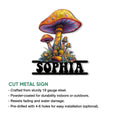 Psychedelic mushroom metal sign shown with colorful artwork and an overview of its cut metal design