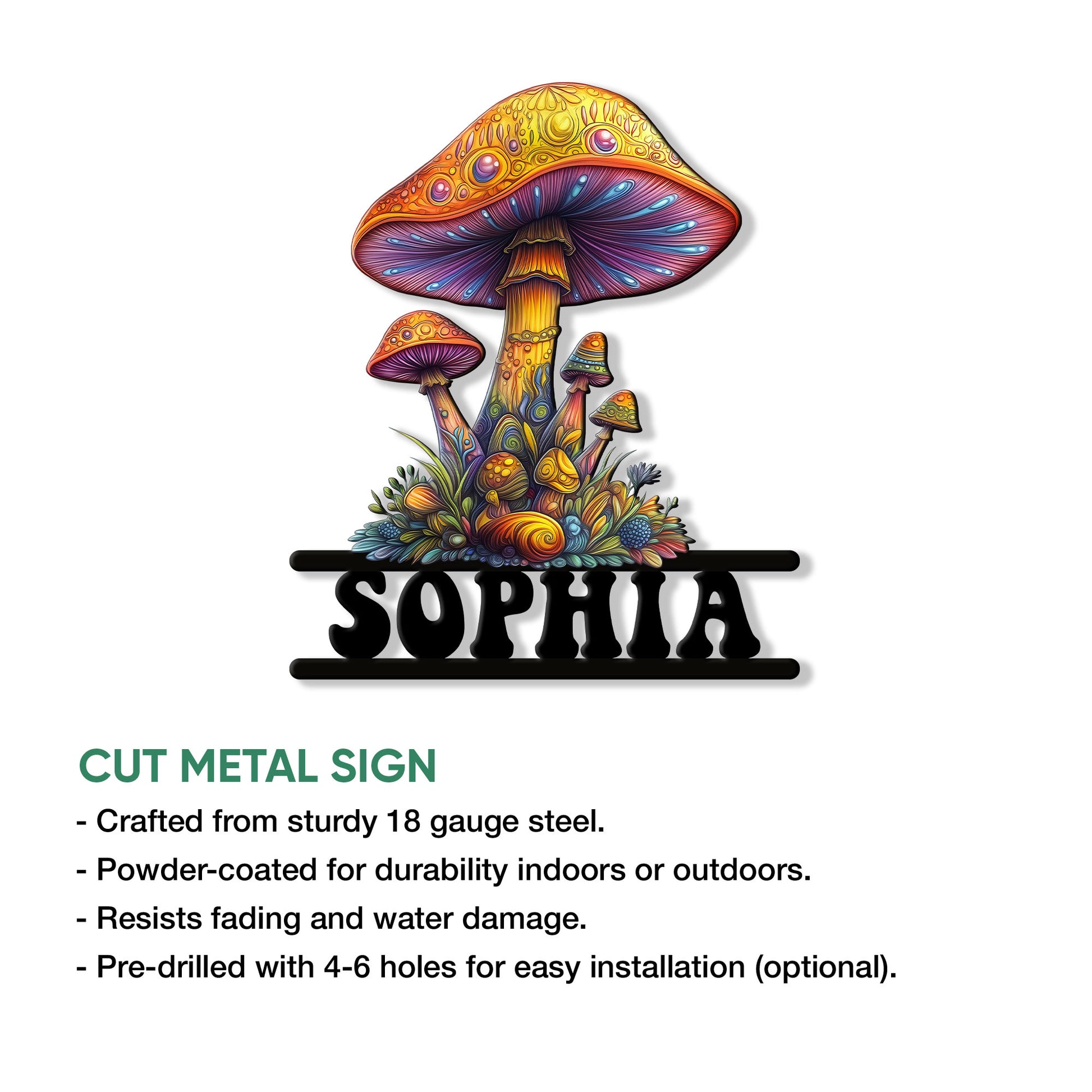 Psychedelic mushroom metal sign shown with colorful artwork and an overview of its cut metal design