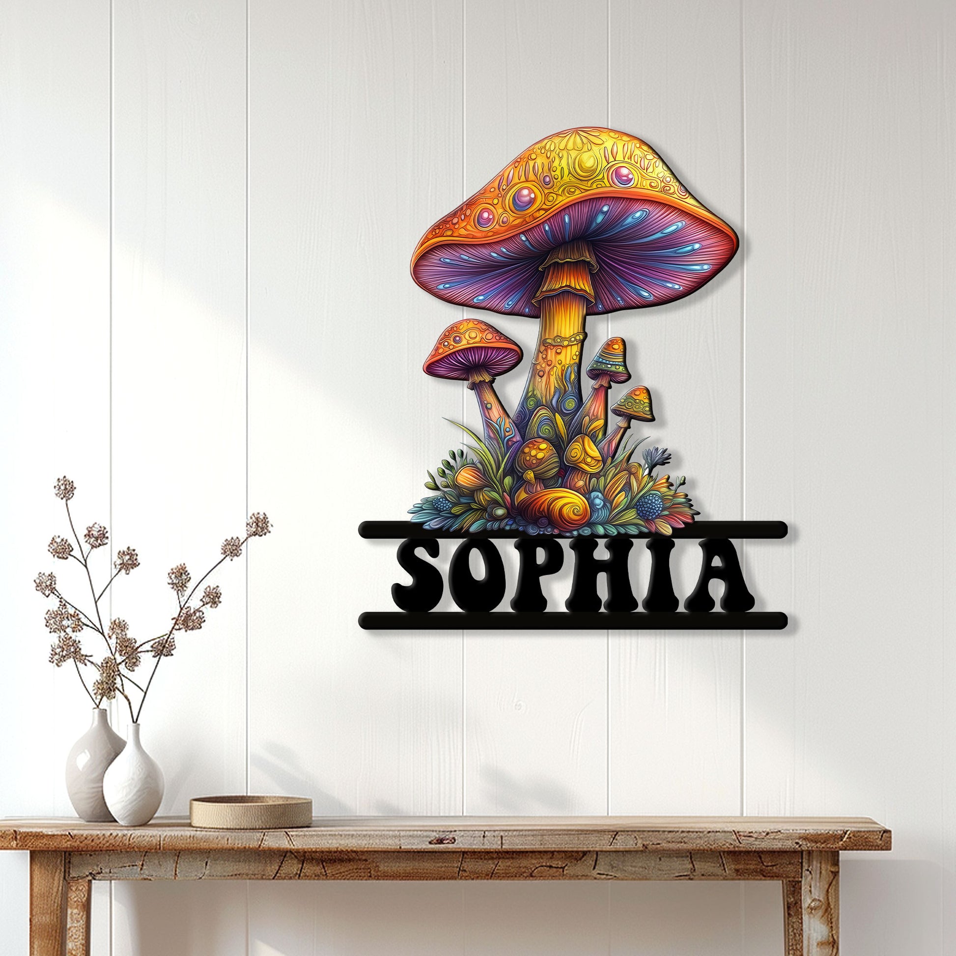 Colorful mushroom wall sign displayed above a console table in a bright bohemian-inspired room